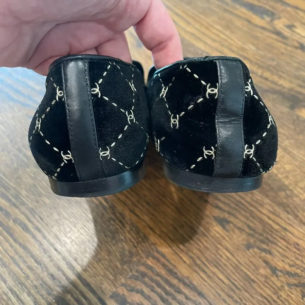 CHANEL Black Velvet Diamond Loafers Logo Smoking Slippers